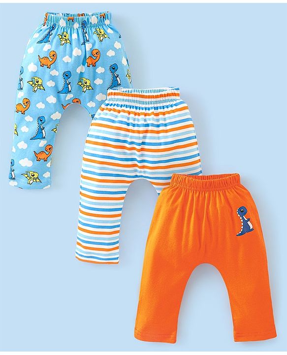 Babyhug Cotton Diaper Pants Stripes & Dino Print Pack of 3 - Blue & Orange