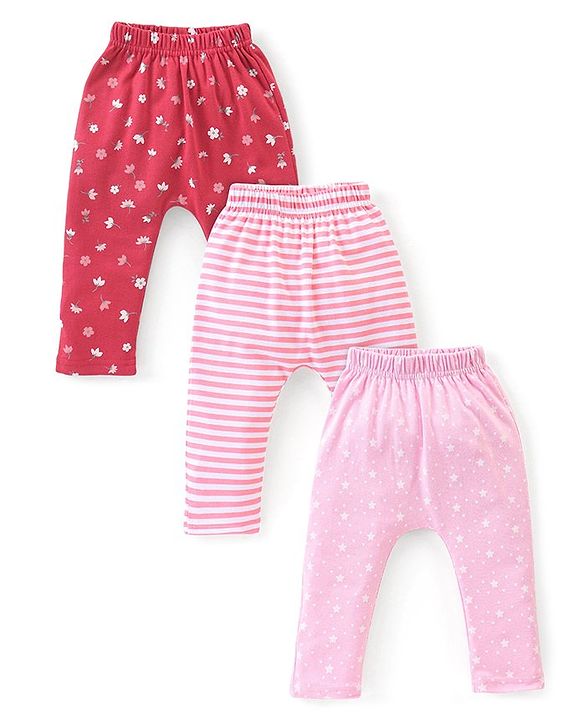 Babyhug Cotton Full Length Diaper Pants Stripes & Floral Print Pack of 3- Pink & Red