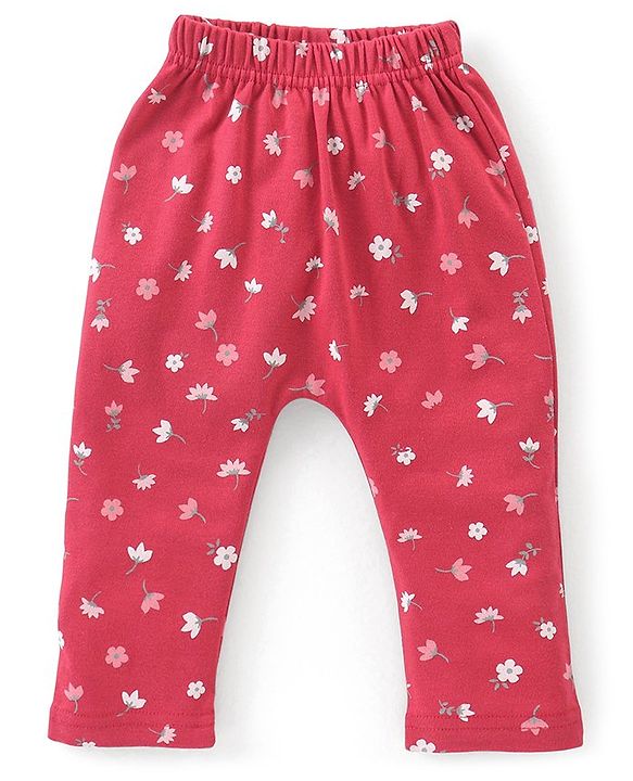 Babyhug Cotton Full Length Diaper Pants Stripes & Floral Print Pack of 3- Pink & Red