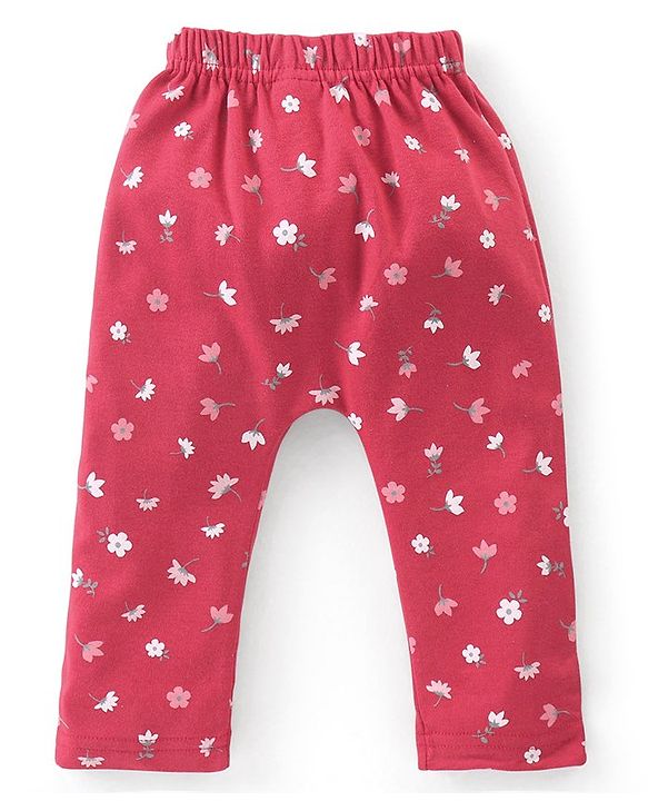 Babyhug Cotton Full Length Diaper Pants Stripes & Floral Print Pack of 3- Pink & Red