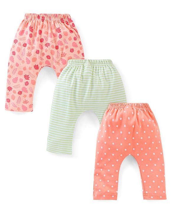 Babyhug Cotton Diaper Pants Striped & Printed Pack of 3 - Peach Blue & Pink
