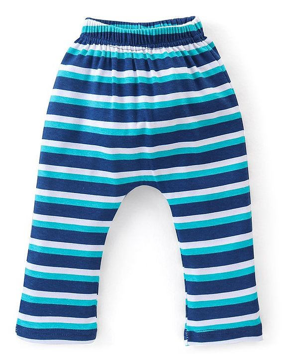 Babyhug Cotton Full Length Diaper Pants Stripes & Alligator Print Pack of 3- Blue Green & White