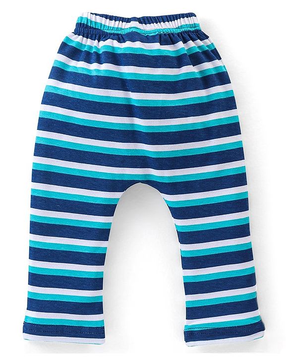 Babyhug Cotton Full Length Diaper Pants Stripes & Alligator Print Pack of 3- Blue Green & White