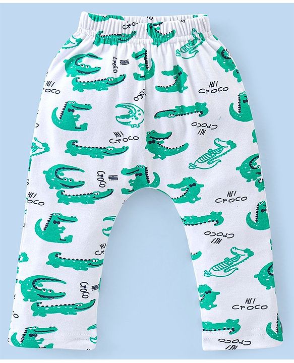 Babyhug Cotton Full Length Diaper Pants Stripes & Alligator Print Pack of 3- Blue Green & White