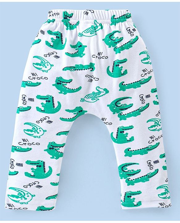 Babyhug Cotton Full Length Diaper Pants Stripes & Alligator Print Pack of 3- Blue Green & White
