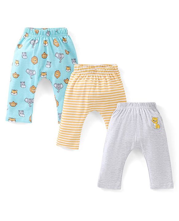 Babyhug Cotton Full Length Diaper Pants Stripes & Lion Print Pack of 3 - Blue Grey & Yellow