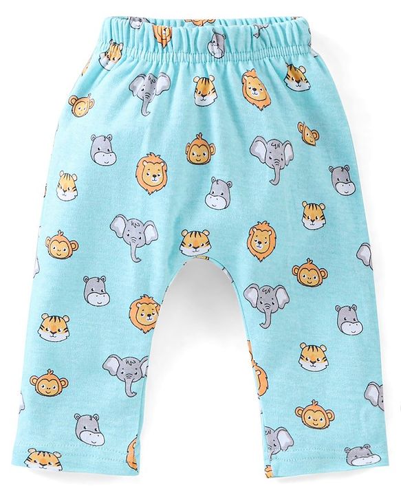 Babyhug Cotton Full Length Diaper Pants Stripes & Lion Print Pack of 3 - Blue Grey & Yellow