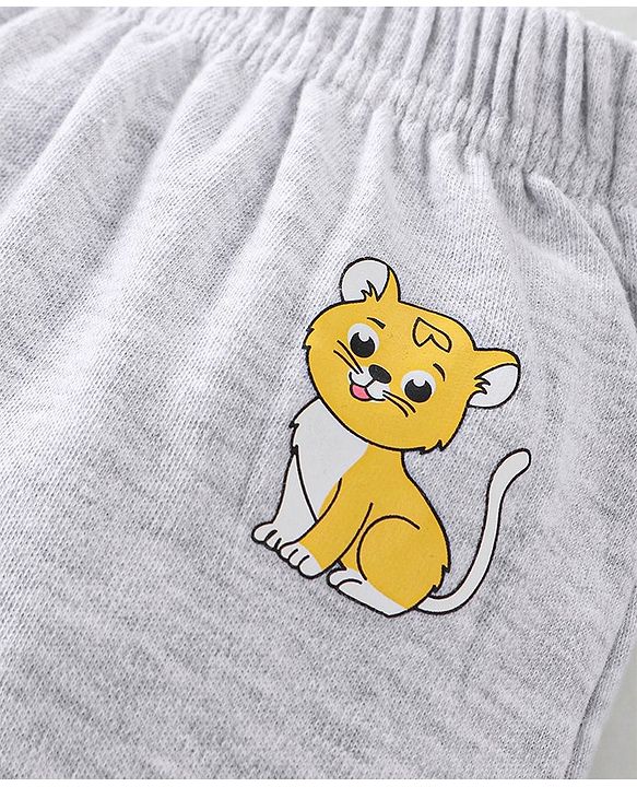 Babyhug Cotton Full Length Diaper Pants Stripes & Lion Print Pack of 3 - Blue Grey & Yellow