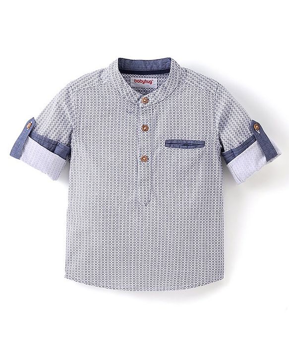 Babyhug Cotton Woven Full Sleeves Shirt with Utility Pocket & Floral Print - White & Blue