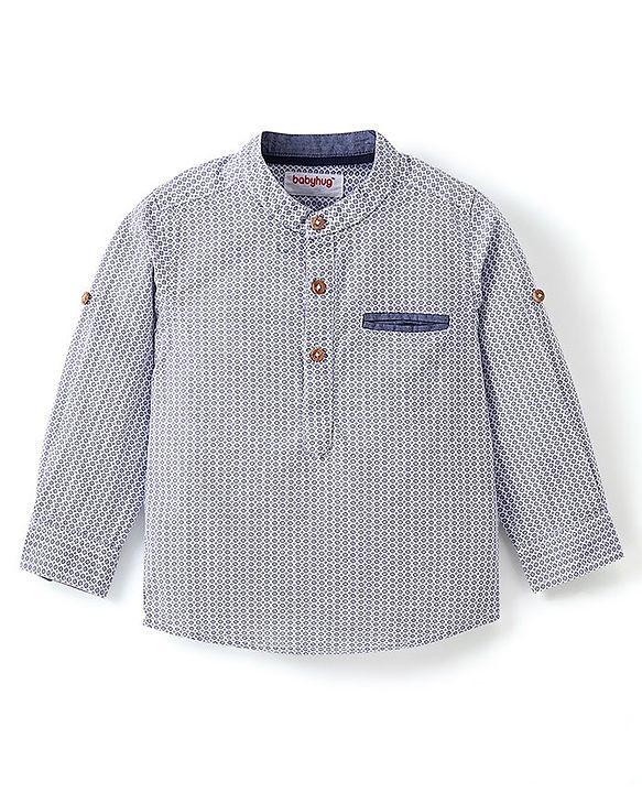 Babyhug Cotton Woven Full Sleeves Shirt with Utility Pocket & Floral Print - White & Blue
