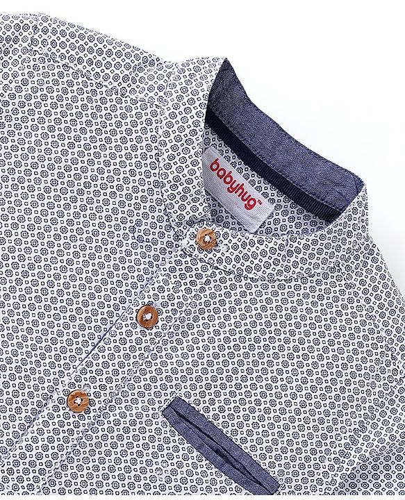Babyhug Cotton Woven Full Sleeves Shirt with Utility Pocket & Floral Print - White & Blue