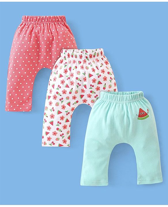 Babyhug Cotton Full Length Diaper Pants Dot & Floral Print Pack of 3- Blue Pink & White