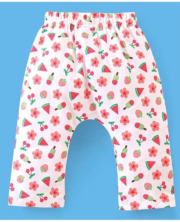 Babyhug Cotton Full Length Diaper Pants Dot & Floral Print Pack of 3- Blue Pink & White