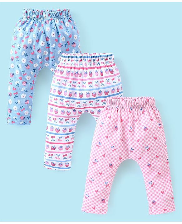 Babyhug Cotton Knee Length Diaper Pants Checks & Floral Print Pack of 3- Blue Pink & White