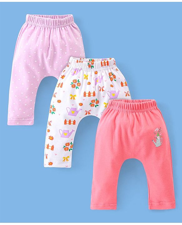 Babyhug Cotton Ankle Length Diaper Pants Floral & Dot Print Pack of 3- Pink White & Purple