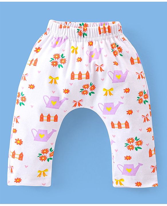 Babyhug Cotton Ankle Length Diaper Pants Floral & Dot Print Pack of 3- Pink White & Purple