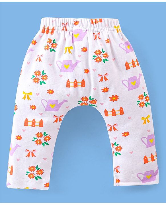 Babyhug Cotton Ankle Length Diaper Pants Floral & Dot Print Pack of 3- Pink White & Purple