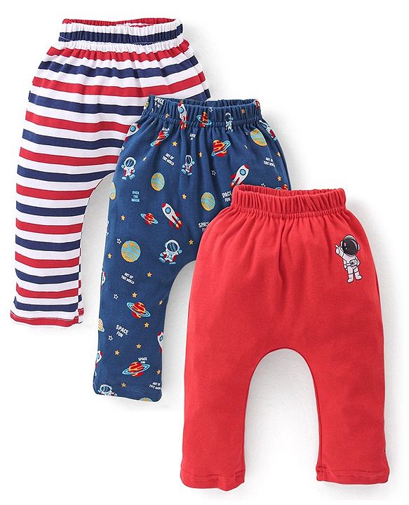 Babyhug Full Length Cotton Diaper Pants Astronaut Print Pack of 3 - Red & Blue