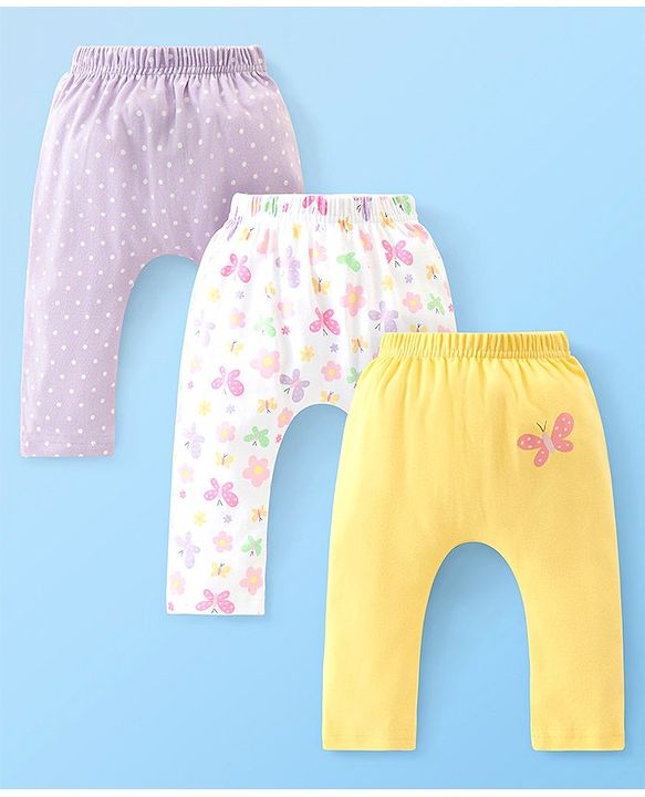 Babyhug Cotton Full Length Diaper Pants Butterfly & Floral Print Pack Of 3- Yellow White & Purple