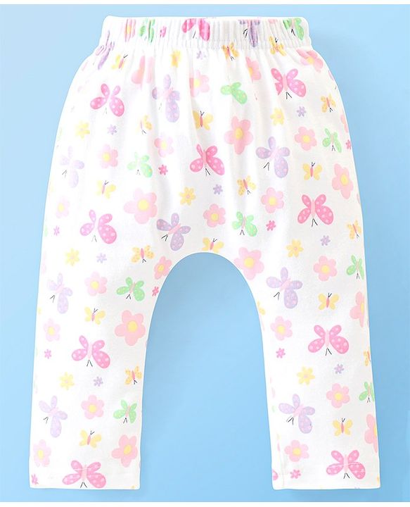 Babyhug Cotton Full Length Diaper Pants Butterfly & Floral Print Pack Of 3- Yellow White & Purple