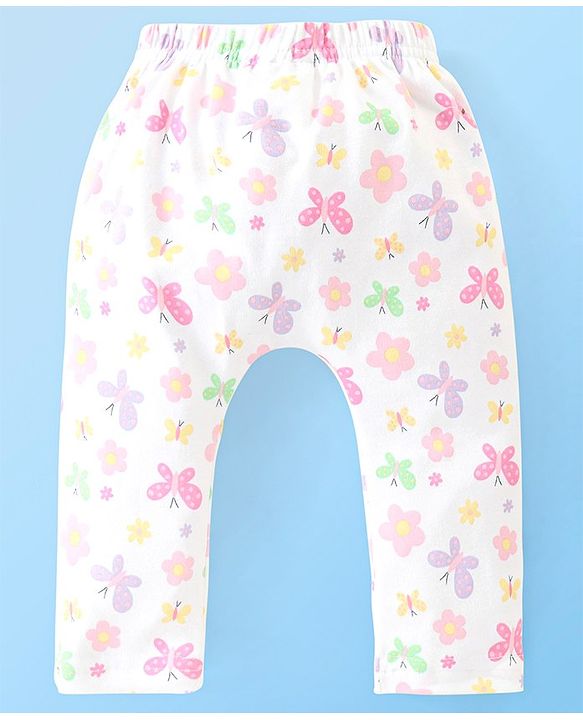 Babyhug Cotton Full Length Diaper Pants Butterfly & Floral Print Pack Of 3- Yellow White & Purple
