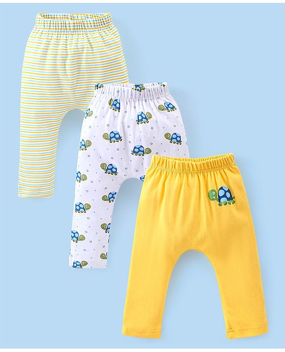 Babyhug Cotton Knee Length Diaper Pants Stripes & Turtle Print Pack of 3- Yellow Green & White