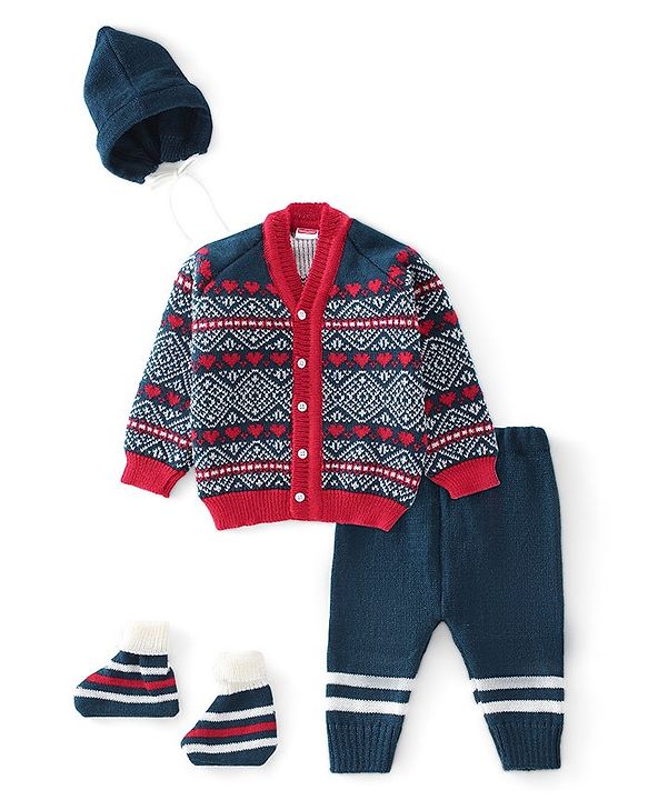 Babyhug Knitted Full Sleeves Striped Design Sweater Set with Cap & Booties - Red & Navy Blue
