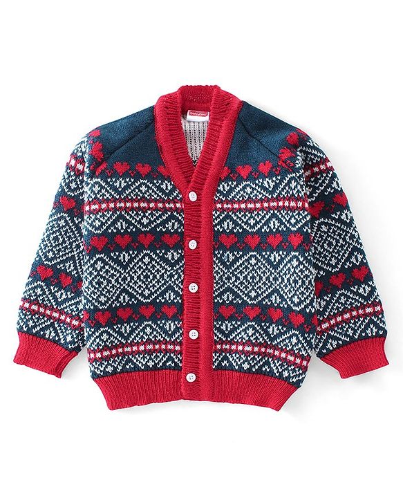 Babyhug Knitted Full Sleeves Striped Design Sweater Set with Cap & Booties - Red & Navy Blue