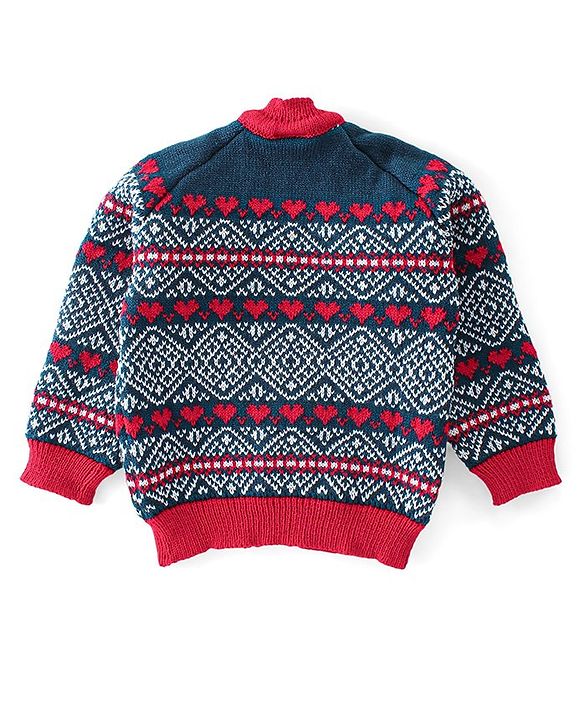 Babyhug Knitted Full Sleeves Striped Design Sweater Set with Cap & Booties - Red & Navy Blue