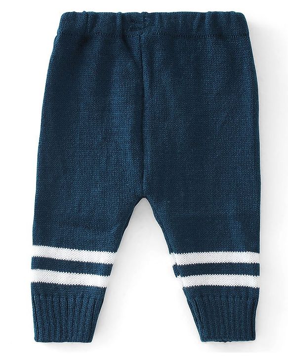 Babyhug Knitted Full Sleeves Striped Design Sweater Set with Cap & Booties - Red & Navy Blue