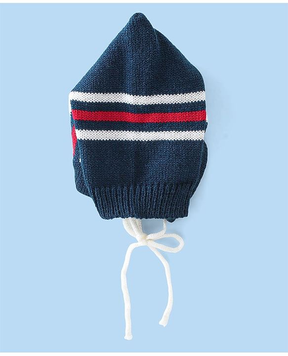 Babyhug Knitted Full Sleeves Striped Design Sweater Set with Cap & Booties - Red & Navy Blue
