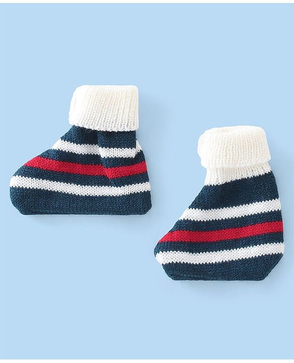 Babyhug Knitted Full Sleeves Striped Design Sweater Set with Cap & Booties - Red & Navy Blue