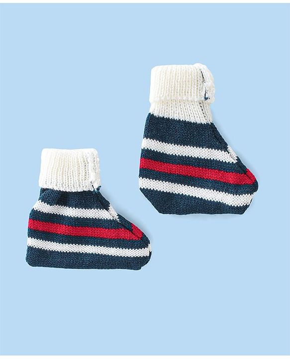 Babyhug Knitted Full Sleeves Striped Design Sweater Set with Cap & Booties - Red & Navy Blue