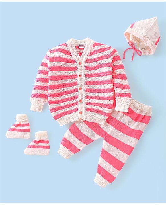 Babyhug Full Sleeves Striped Sweater Sets with Cap and Booties - Red & White