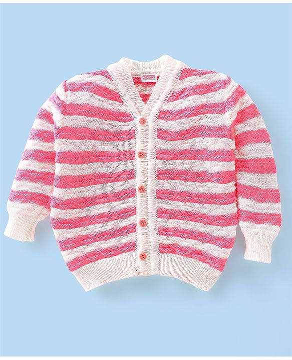 Babyhug Full Sleeves Striped Sweater Sets with Cap and Booties - Red & White