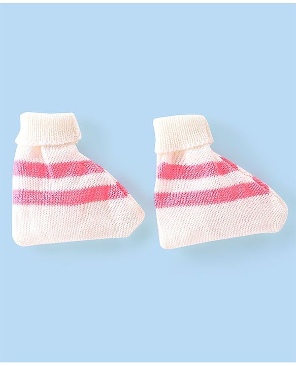 Babyhug Full Sleeves Striped Sweater Sets with Cap and Booties - Red & White