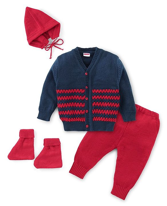 Babyhug Knit Full Sleeves Baby Sweater Set - Navy & Red