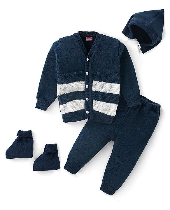 Babyhug Knit Full Sleeves Sweater Set Striped - Navy Blue & White