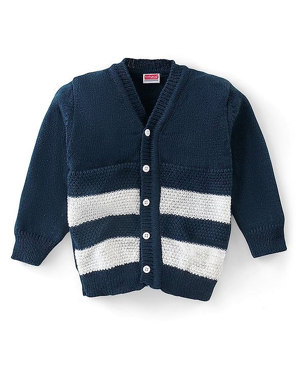 Babyhug Knit Full Sleeves Sweater Set Striped - Navy Blue & White