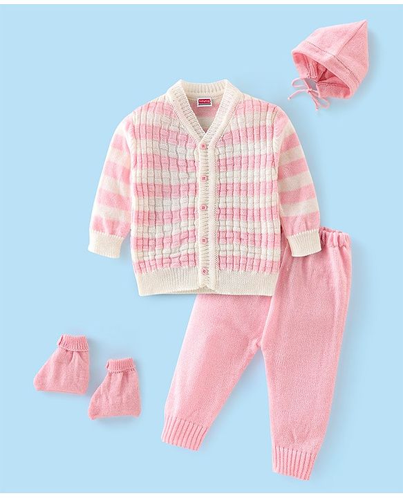 Babyhug Full Sleeves Baby Sweater Set with Cap & Booties Striped Design - Pink