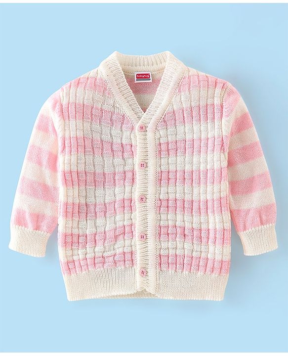 Babyhug Full Sleeves Baby Sweater Set with Cap & Booties Striped Design - Pink
