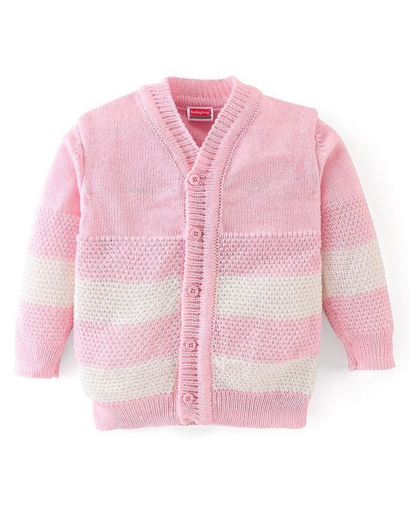 Babyhug Full Sleeves Sweater Set Striped with Cap - Pink
