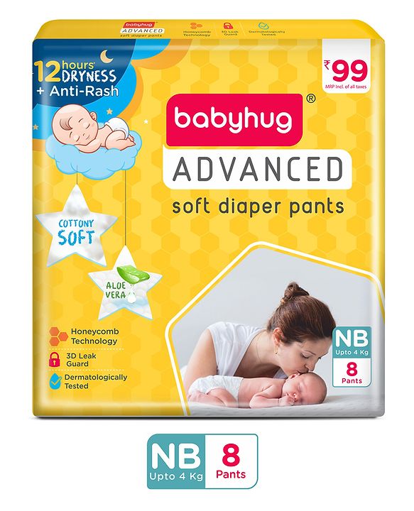 Babyhug Advanced Pant Style Diaper New Born - 8 Pieces, Honeycomb Technology, Cottony Soft Diaper with 3D Leak Guard, Latex & Alcohol Free, Anti-rash & Gentle