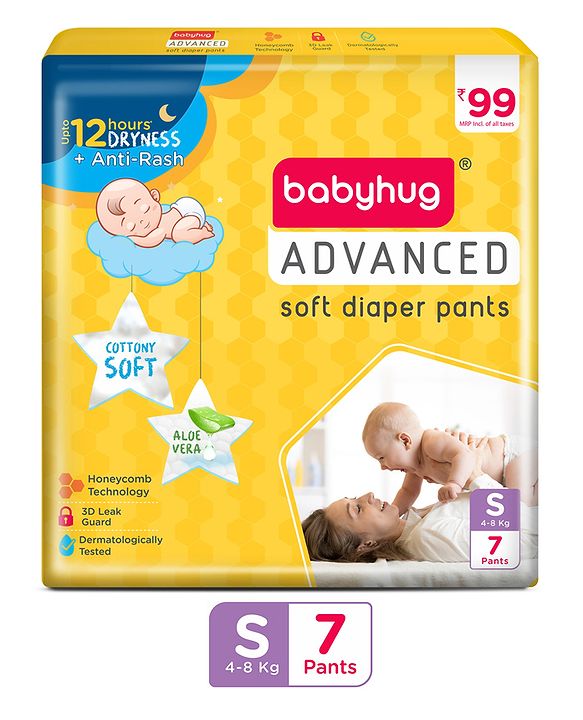 Babyhug Advanced Pant Style Diaper Small (S) Size - 7 Pieces, Honeycomb Technology, Cottony Soft Diaper with 3D Leak Guard, Latex & Alcohol Free, Anti-rash & Gentle