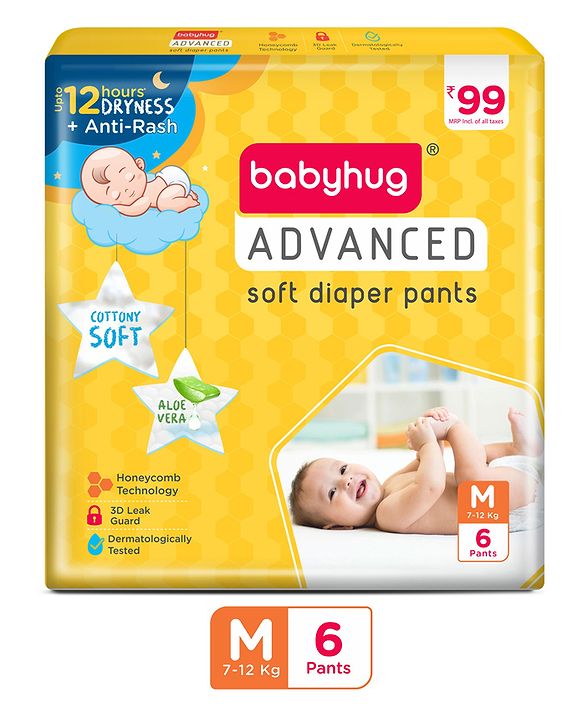 Babyhug Advanced Pant Style Diaper Medium - 6 Pieces, Honeycomb Technology, Cottony Soft Diaper with 3D Leak Guard, Latex & Alcohol Free, Anti-rash & Gentle