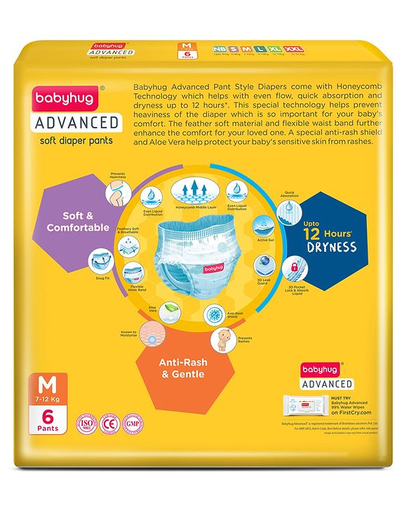 Babyhug Advanced Pant Style Diaper Medium - 6 Pieces, Honeycomb Technology, Cottony Soft Diaper with 3D Leak Guard, Latex & Alcohol Free, Anti-rash & Gentle