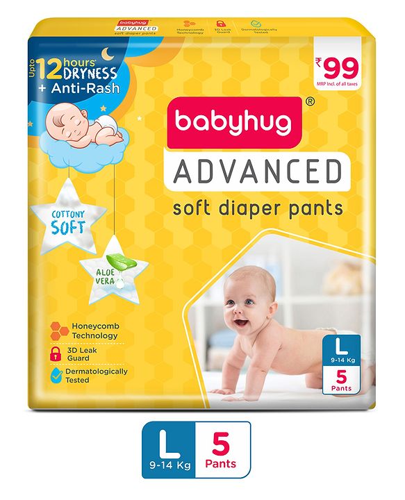 Babyhug Advanced Pant Style Diapers Large (L) Size - 5 Pieces, Honeycomb Technology, Cottony Soft Diaper with 3D Leak Guard, Latex & Alcohol Free, Anti-rash & Gentle