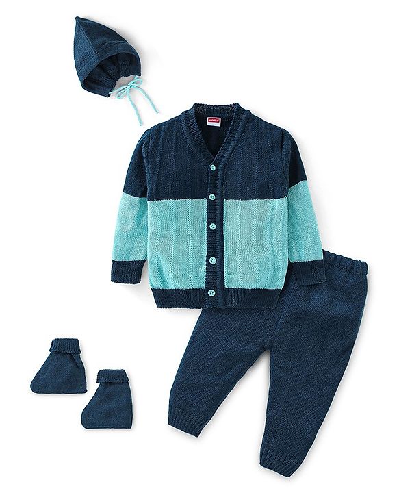 Babyhug Knitted Full Sleeves Sweater Set with Cap & Booties Cable Knit Design - Blue