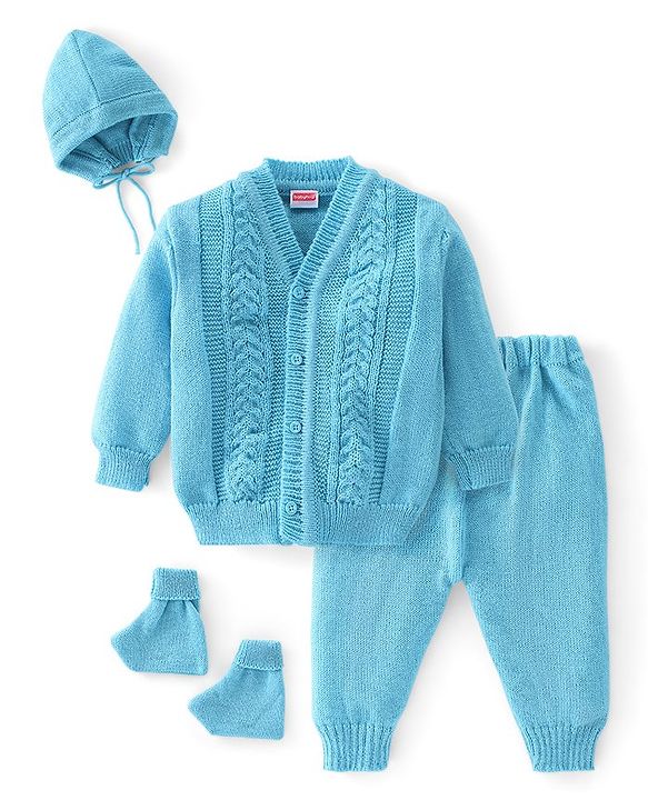 Babyhug Knitted Full Sleeves Sweater Set with Cap & Booties Cable Knit Design - Blue