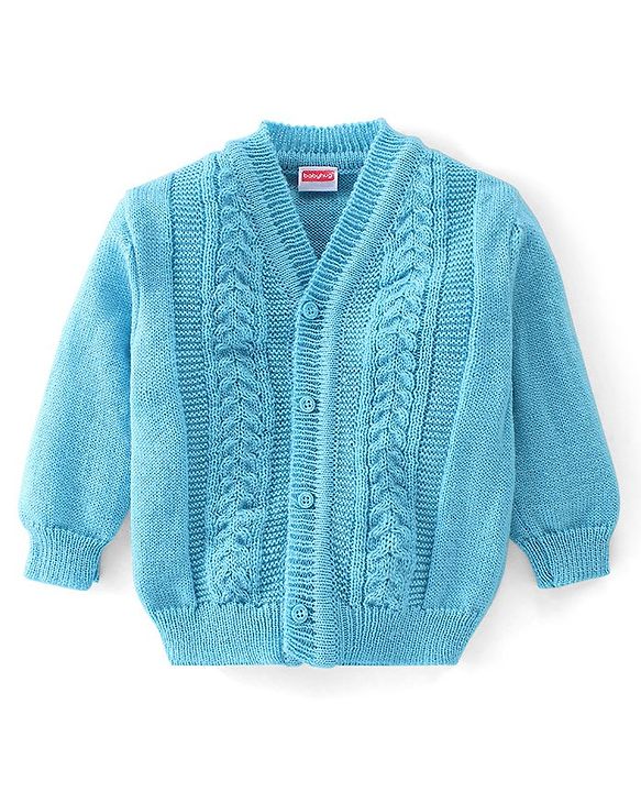 Babyhug Knitted Full Sleeves Sweater Set with Cap & Booties Cable Knit Design - Blue
